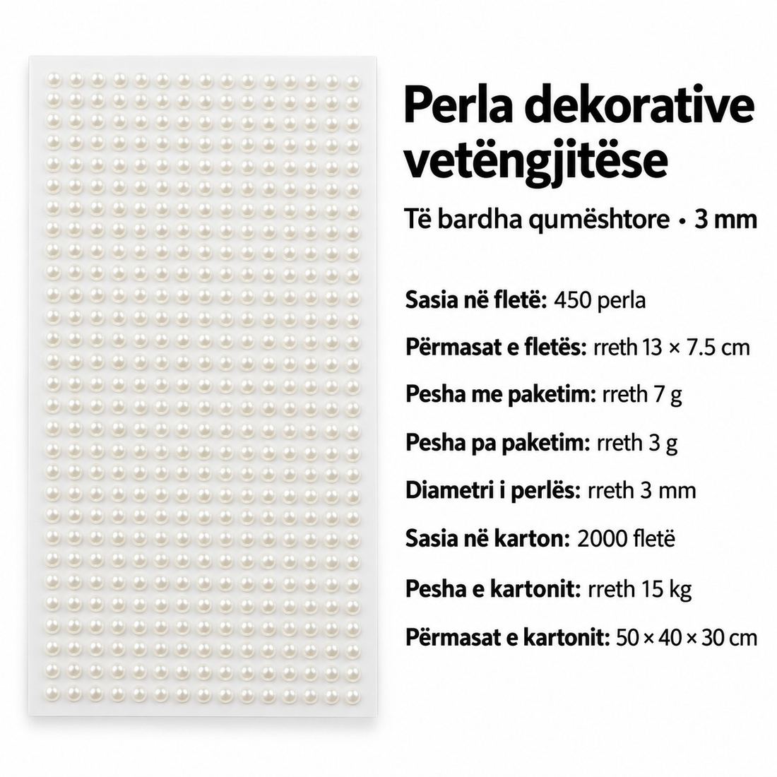 Perla Dekorative Vetëngjitëse të Bardha – 3, 6 dhe 8 mm, Paketim 6 Copa