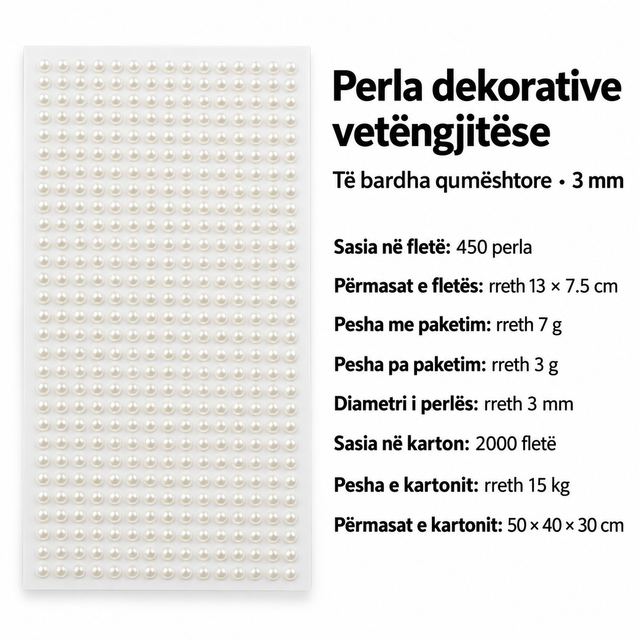 Perla Dekorative Vetëngjitëse të Bardha – 3, 6 dhe 8 mm, Paketim 6 Copa