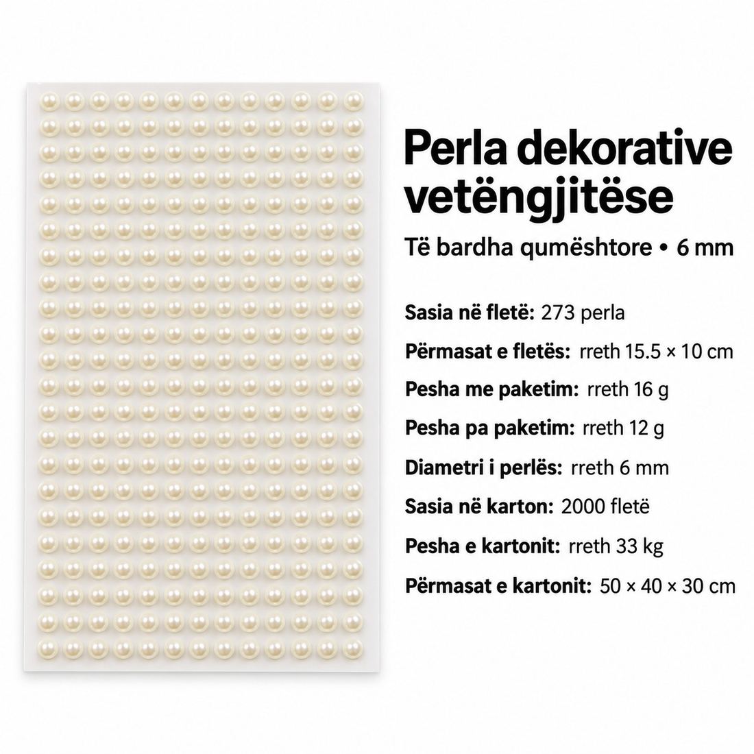 Perla Dekorative Vetëngjitëse të Bardha – 3, 6 dhe 8 mm, Paketim 6 Copa — foto 2