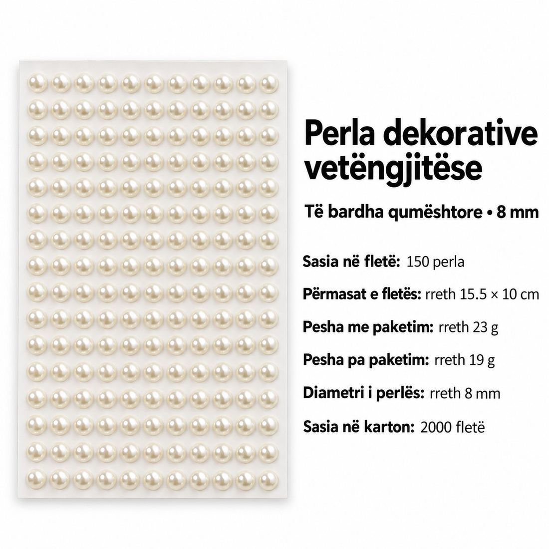Perla Dekorative Vetëngjitëse të Bardha – 3, 6 dhe 8 mm, Paketim 6 Copa — foto 3